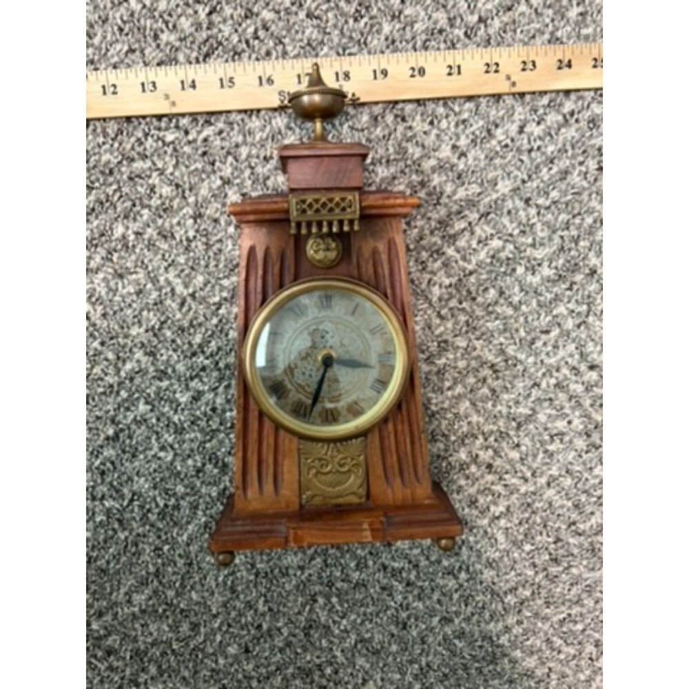 Vtg. Art Nouveau style wooden mantel clock with ornate metal accents